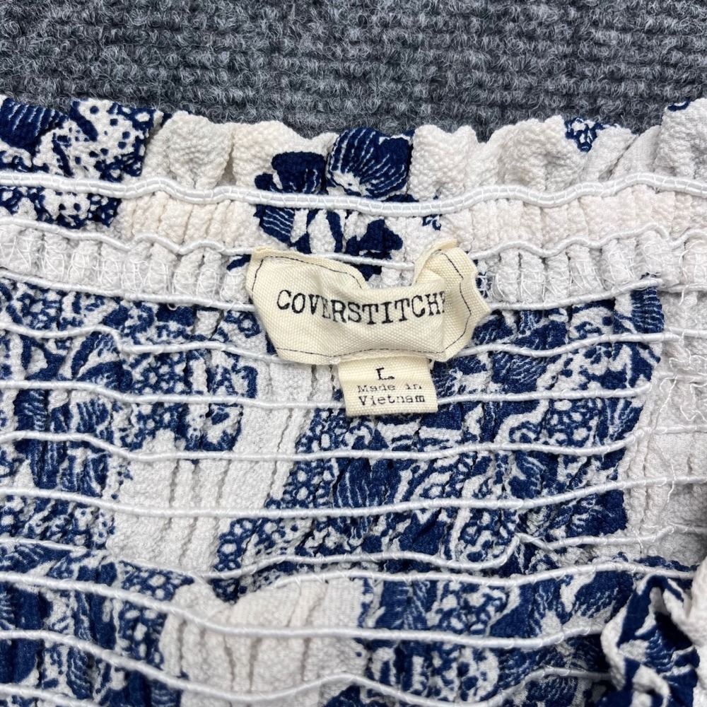 Coverstitch Floral Smocked Boho Off Shoulder Blue White Romper - Picture 2 of 6